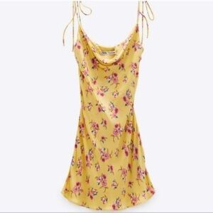 ZARA Safia Yellow Floral Draped Camisole Satin Slip Mini Dress